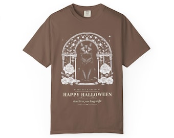 Happy Halloween Black Cat Shirt, Gothic Cat Engraving Tee, Witchy Halloween T-Shirt, Cat Lover Gift, Comfort Colors