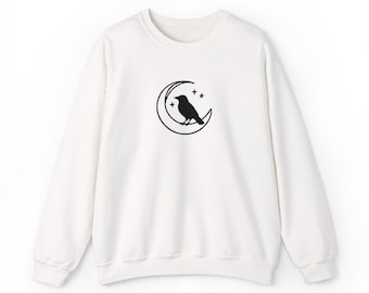 Embroidered Crow and Crescent Moon Sweatshirt, Witchy Halloween Crewneck