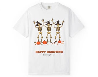 Happy Haunting Shirt, Dancing Skeletons Halloween Tee, Retro Witch Hat Comfort Colors T-Shirt, Funny Fall Gift