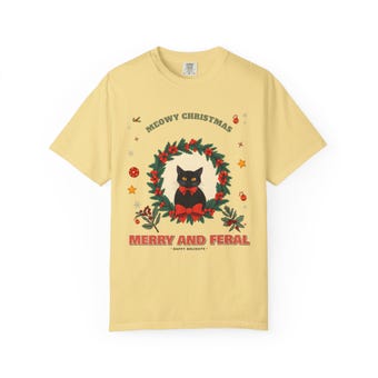 Merry and Feral Black Cat Wreath Christmas Tee (Comfort Colors) photo 5