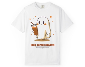 Iced Coffee Season Shirt, Cute Ghost Halloween Tee, Retro Spooky Season Comfort Colors T-Shirt, Coffee Lover Gift