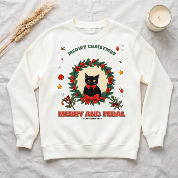 Merry and Feral Black Cat Wreath Sweatshirt by WedgeAtelier