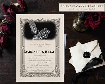 Dark Academia Wedding Invitation Template, Editable Canva Suite (5x7 + Phone Evite)