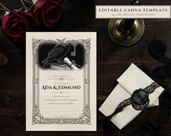 Gothic Save the Date Template, Raven and Antique Key, Dark Academia Wedding (Editable Canva)
