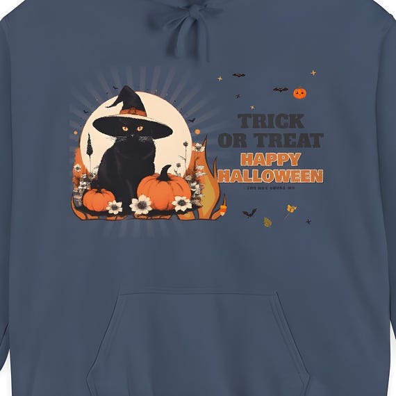 Retro Black Cat Witch Hat Hoodie — Comfort Colors hoodie by WedgeAtelier