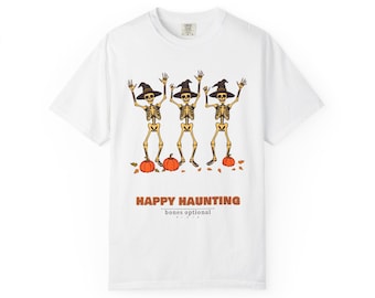 Happy Haunting Shirt, Dancing Skeletons Halloween Tee, Retro Witch Hat Comfort Colors T-Shirt, Funny Fall Gift