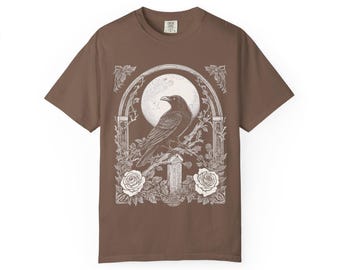 Raven and Moon Shirt, Gothic Engraving Tee, Dark Academia Halloween T-Shirt, Crow Lover Gift, Comfort Colors