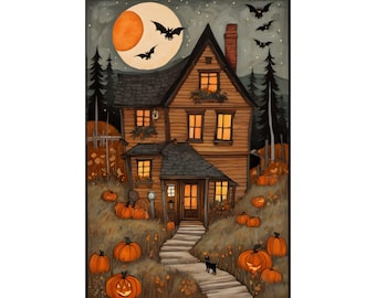 Haunted Cottage Wall Art, Folk Art Halloween Print, Autumn Village Poster, Cozy Spooky Decor, Cottagecore Fall Art, Unframed