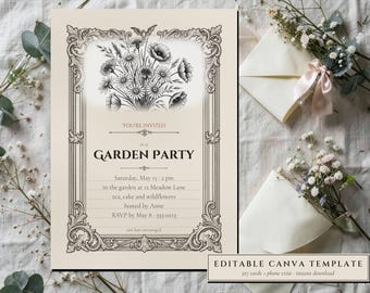 Editable Canva Garden Party Invitation Template, Cottagecore Wildflower Design (5x7 + Evite)