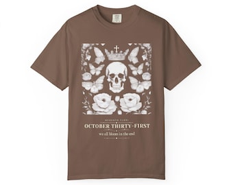 October 31st Shirt, Skull and Roses Halloween Tee, Gothic Floral Engraving T-Shirt, Memento Mori Gift, Comfort Colors