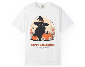 Witch Cat Shirt, Retro Halloween Comfort Colors Tee, Black Cat Pumpkin T-Shirt, Cat Lover Fall Gift