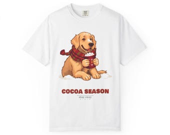 Cocoa Season Shirt, Dog in Scarf Christmas Tee, Retro Dog Mom Holiday Comfort Colors T-Shirt, Cozy Winter Gift