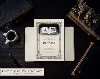 Dark Academia Book Club Kit, Editable Canva Template (5x7 Cards + Evite)