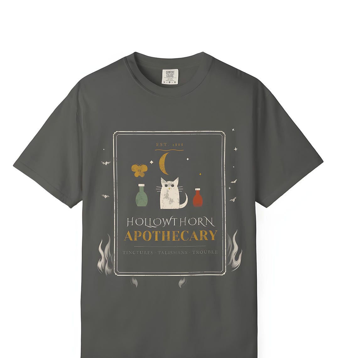 Hollowthorn Apothecary Cat Witch Tee — Comfort Colors tee by WedgeAtelier
