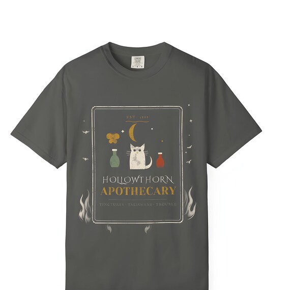 Hollowthorn Apothecary Cat Witch Tee — Comfort Colors tee by WedgeAtelier