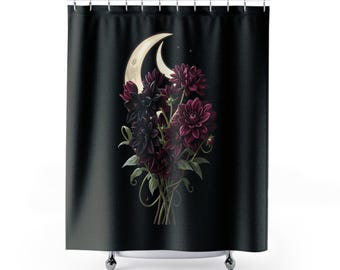 Dark Floral Shower Curtain, Moon Garden Gothic Botanical Bathroom Decor, Whimsigoth Bath Curtain (71x74)
