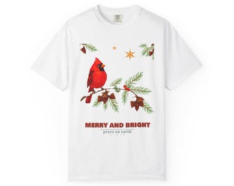 Merry and Bright Shirt, Cardinal on Snowy Pine Christmas Tee, Retro Bird Lover Holiday Comfort Colors T-Shirt, Gift