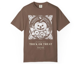 Trick or Treat Shirt, Jack O Lantern Halloween Tee, Gothic Pumpkin Engraving T-Shirt, Vintage Halloween Gift, Comfort Colors