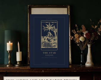 Celestial Tarot Prints, Engraved Gold Navy, Sun Moon Star (Digital Download)