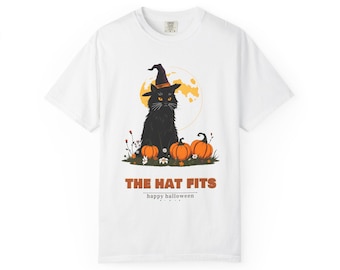 The Hat Fits Shirt, Black Cat Witch Hat Halloween Tee, Retro Cat Lover Comfort Colors T-Shirt, Fall Cat Mom Gift