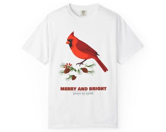 Merry and Bright Shirt, Cardinal on Snowy Pine Christmas Tee, Retro Bird Lover Holiday Comfort Colors T-Shirt, Gift