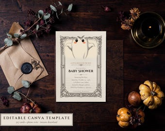 Editable Halloween Baby Shower Invitation Template, Gothic Ghost Design (Digital Download)