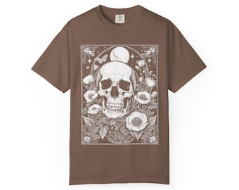 Skull and Poppies Shirt, Gothic Floral Engraving Tee, Dark Academia Halloween T-Shirt, Memento Mori Gift, Comfort Colors