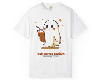 Iced Coffee Season Shirt, Cute Ghost Halloween Tee, Retro Spooky Season Comfort Colors T-Shirt, Coffee Lover Gift