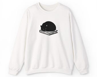 Embroidered Black Cat on a Book Sweatshirt, Bookish Crewneck