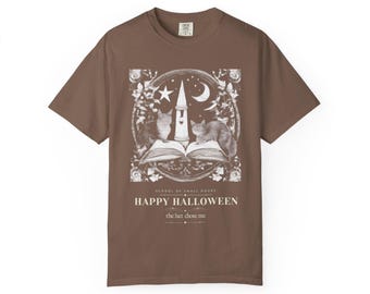 Happy Halloween Witch Hat Shirt, Spellbook Cat Engraving Tee, Witchy Halloween T-Shirt, Book Lover Gift, Comfort Colors