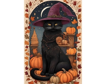 Black Cat Witch Wall Art, Folk Art Halloween Print, Pumpkin Autumn Poster, Cat Lover Gift, Cottagecore Fall Decor, Unframed