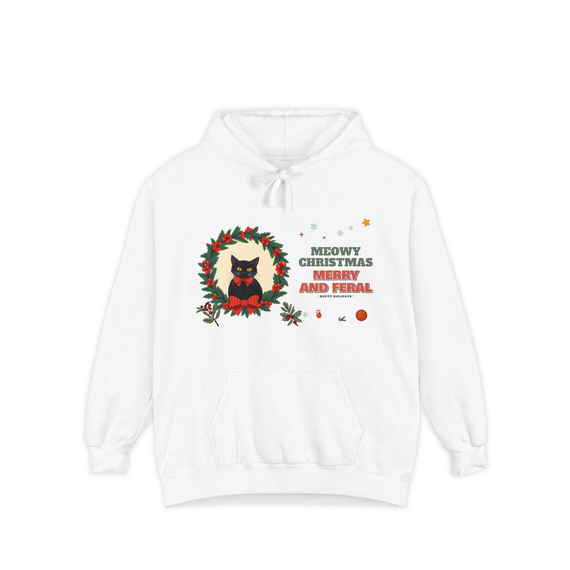 Merry and Feral Black Cat Christmas Hoodie by WedgeAtelier
