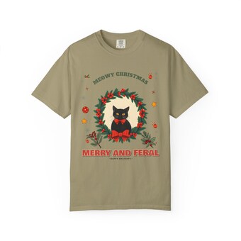 Merry and Feral Black Cat Wreath Christmas Tee (Comfort Colors) photo 4