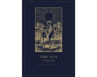 The Sun Tarot Card Print, Celestial Joy Wall Art, Engraved Gold Navy Major Arcana Poster (Unframed Matte)