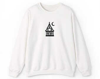 Embroidered Haunted House and Moon Sweatshirt, Gothic Halloween Crewneck