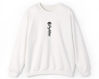 Embroidered Hand Holding a Rose Sweatshirt, Minimalist Gothic Floral Crewneck