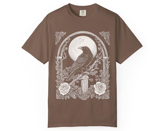 Raven and Moon Shirt, Gothic Engraving Tee, Dark Academia Halloween T-Shirt, Crow Lover Gift, Comfort Colors