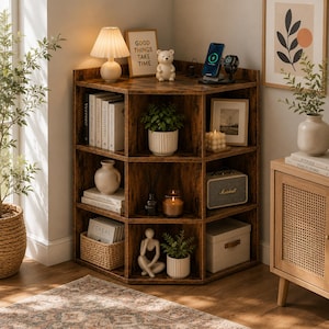May include: A three-tier corner bookshelf made of dark brown wood with a distressed finish. The shelves hold various items including books, a small lamp, a bear figurine, a wireless charger, potted plants, candles, a speaker, and a storage box.