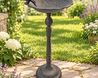 Antique Cast Iron Bird Bath, Pedestal Birdbath for Garden, Outdoor Bird Water Bowl, Rustic Standing Bird Bath, Backyard Wildlife Decor
