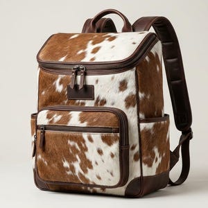 Peut inclure: Un sac à dos avec un motif de peau de vache marron et blanc et des garnitures en cuir marron foncé. Le sac comprend une poignée supérieure, des bretelles rembourrées réglables, un compartiment principal zippé, une poche avant et des poches latérales.