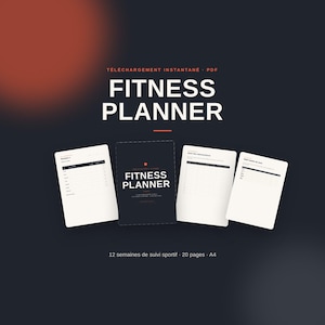 Op de afbeelding: Een digitale fitnessplanner-set met een donkere omslag met witte tekst FITNESS PLANNER en drie binnenpagina's met tabellen voor het bijhouden van trainingen, metingen en voortgang. De lay-out bevat 12 weken aan tracking en 20 pagina's.