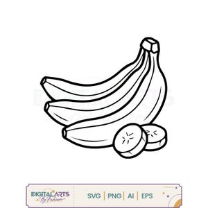 Puede incluir: Una ilustración de arte lineal en blanco y negro de un racimo de tres plátanos con dos rodajas de plátano situadas en primer plano. El diseño presenta contornos marcados y detalles sencillos, como un gráfico limpio para uso digital.