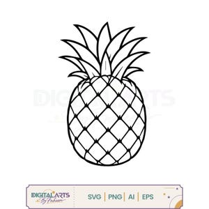 Puede incluir: Una ilustración de arte lineal en blanco y negro de una piña con un patrón de diamantes texturizado en la fruta y hojas puntiagudas en la parte superior. Debajo de la piña, una etiqueta rectangular muestra el texto DIGITAL ARTS By Faheem SVG PNG AI EPS.