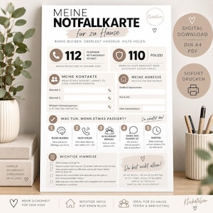 Może przedstawiać: Biały arkusz informacyjny dotyczący sytuacji awaryjnych zatytułowany MEINE NOTFALLKARTE z sekcjami na numery alarmowe 112 i 110, dane kontaktowe, adres i instrukcje bezpieczeństwa. Dokument zawiera czarny tekst, ikony i beżowe akcenty.