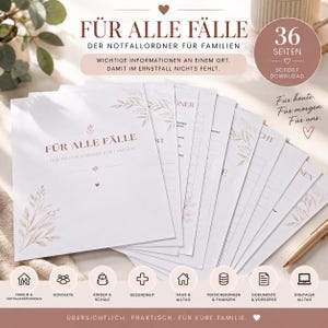 Könnte beinhalten: Ein Set aus 36 Seiten für einen Familien-Notfallordner mit dem Titel FÜR ALLE FÄLLE DER NOTFALLORDNER FÜR FAMILIEN. Die weißen Seiten zeigen zarte braune botanische Illustrationen, Textfelder für persönliche Informationen sowie Symbole für Familie, Kontakte, Schule, Gesundheit, Haushalt, Finanzen, Dokumente und digitales Leben.