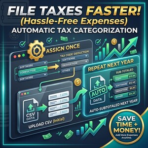 May include: A digital infographic titled FILE TAXES FASTER! (Hassle-Free Expenses) AUTOMATIC TAX CATEGORIZATION. It illustrates a workflow for assigning tax codes to CSV data, showing an auto-subtotaled process with the text SAVE TIME + MONEY!