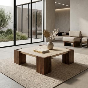 May include: A square coffee table featuring a light beige stone top and four thick, dark brown wooden legs. A book titled Design as Art rests on the surface next to a light-coloured ceramic vase containing dried botanical stems and leaves.