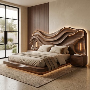 Puede incluir: Una cama de plataforma con marco de madera oscura y un cabecero grande y escultural con patrón de ondas. El cabecero incluye iluminación LED cálida integrada, dos mesitas de noche incorporadas y un colchón beige con almohadas y manta a juego.