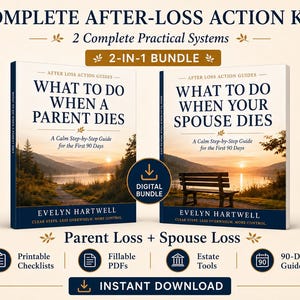 Puede incluir: Un paquete digital titulado Complete After-Loss Action Kit que incluye dos guías: What to Do When a Parent Dies y What to Do When Your Spouse Dies por Evelyn Hartwell. Las portadas muestran un lago al atardecer e incluyen listas de control.