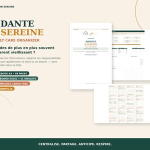 Peut inclure: Un organisateur de soins familiaux numérique intitulé AIDANTE & SEREINE, comprenant un classeur A4 de 68 pages, un tableau de bord Excel à 11 onglets, 12 modèles Canva gratuits et 20 prompts IA. Le design présente des écrans blancs et du texte.